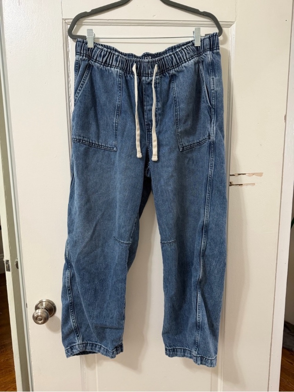 GAP Women's Mid Blue Denim Boyfriend Jogger Jeans with Drawstring